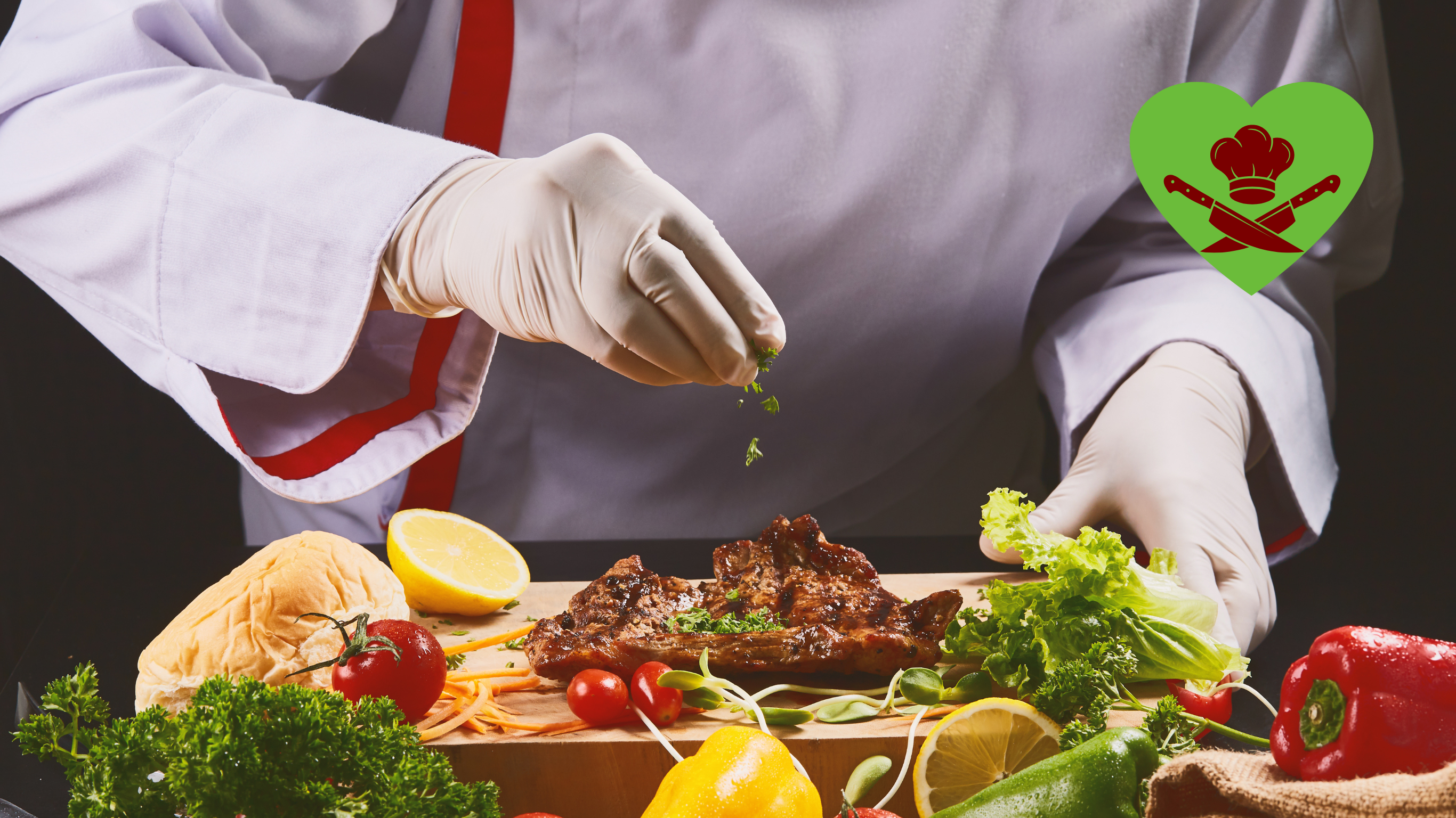 Close up of a chef garnishing a steak